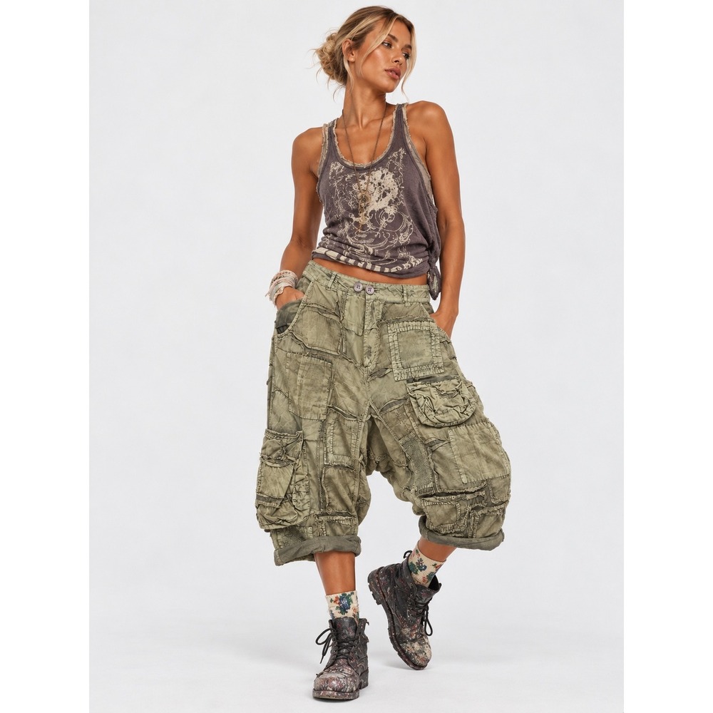 Magnolia Pearl Love Supply Co Army Patchwork Cargo Harem Pants Cotton NEW